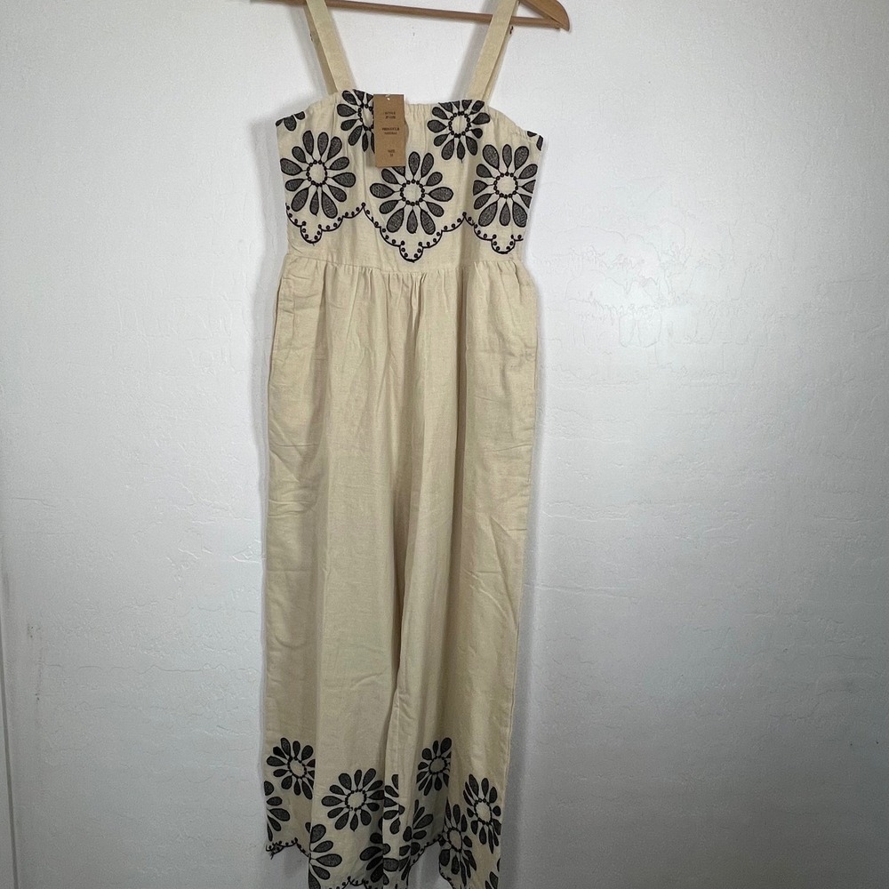 NAOO Natural Cotton Embroidered Wide Leg Jumpsuit boho festival Floral M NWT